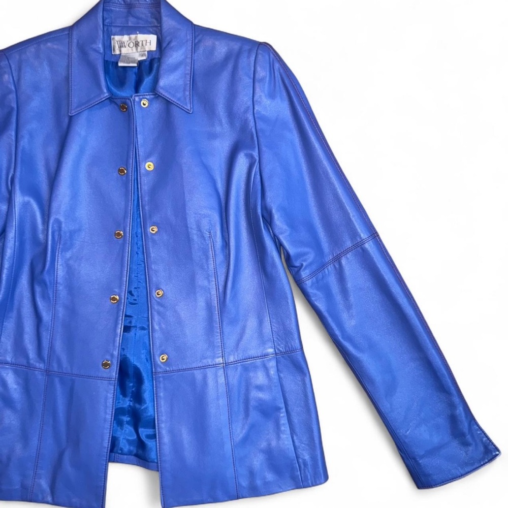 Worth Blue Genuine Leather Jacket Gold Snap Closure Contrast Stitching Size 4